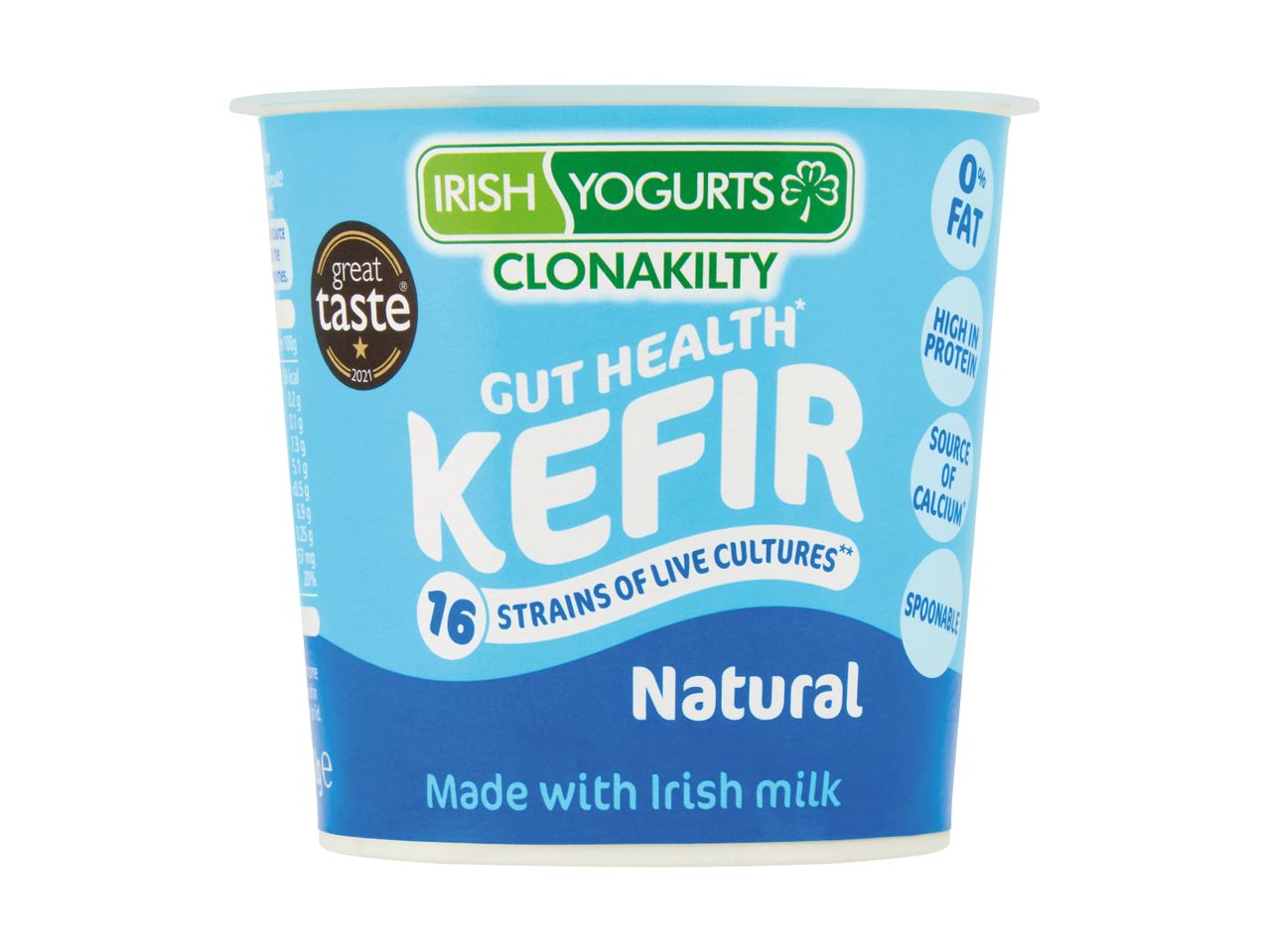 A light blue tub of natural kefir yogurt with 'Gut Health' and '16 Strains of Live Cultures' on the label, highlighting 0% fat, high protein, and calcium.