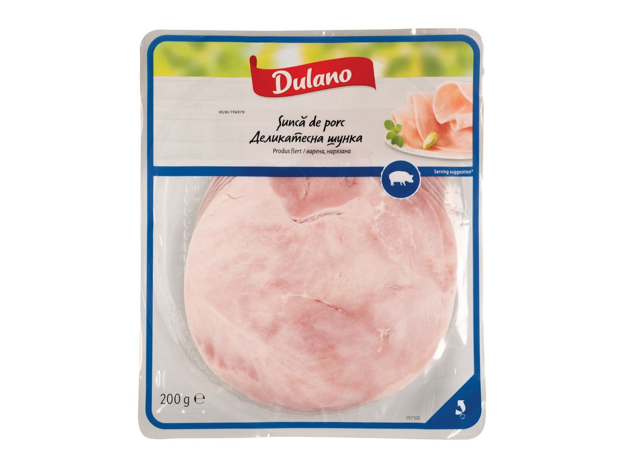 Dulano Șuncă de porc, feliată, în ambalaj de 200g.