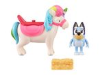 Bluey toy set with a unicorn, Bluey figure, and a block of cheese.