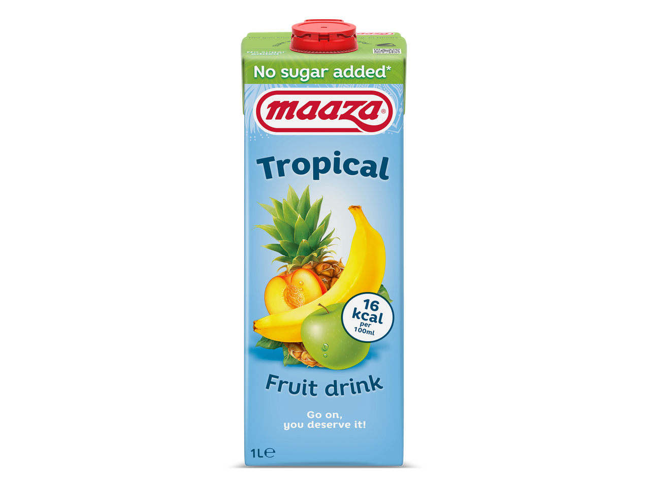 Tropische fruitdrank zonder toegevoegde suiker, met 16 kcal per 100 ml.
