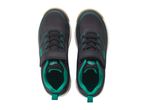 Black sneakers with teal accents.