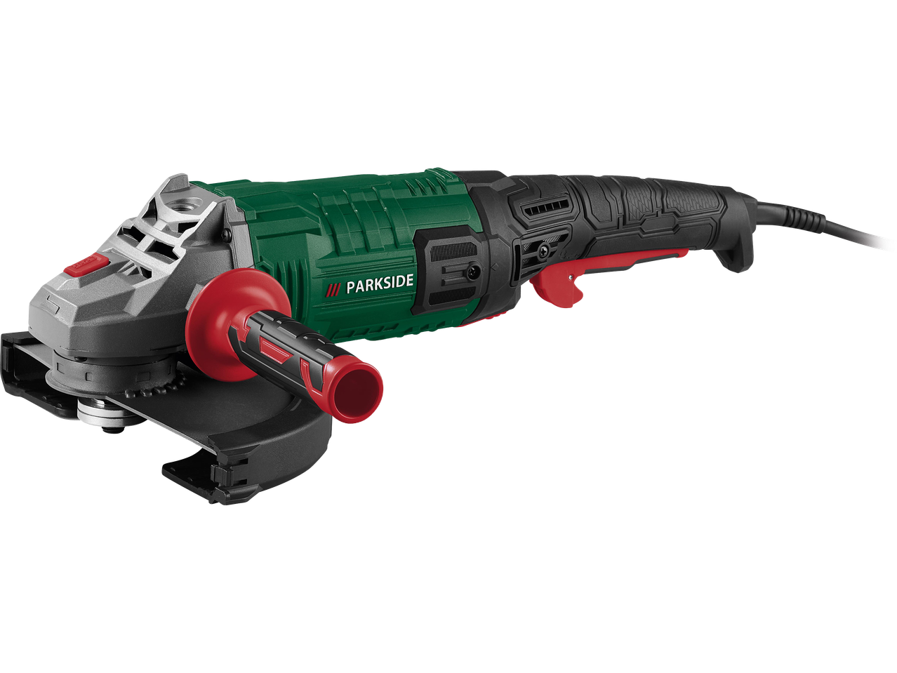 Zöld és fekete sarokcsiszoló piros kiegészítő fogantyúval és kapcsolóval.