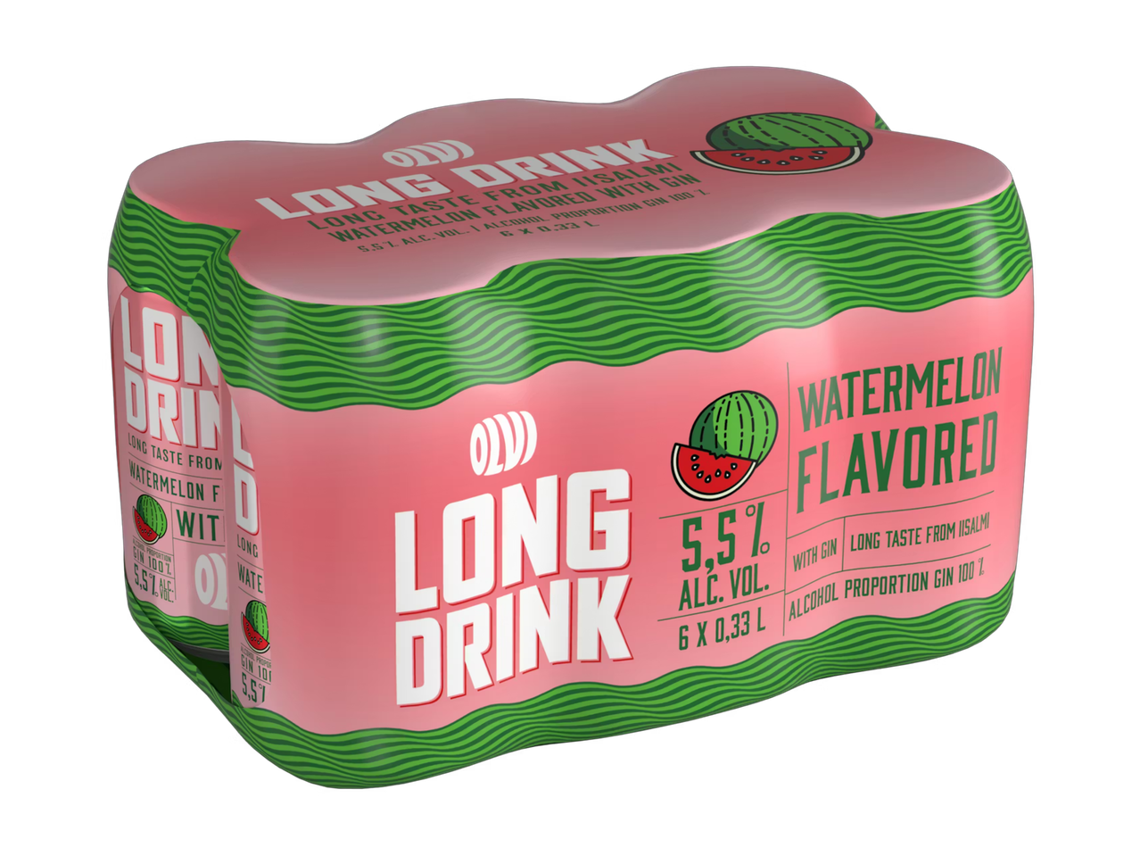 Kuuden pakkauksen vesimelonimakuinen long drink -juoma.