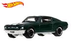 Green toy muscle car with white racing stripes and chrome accents, with a red and yellow logo.