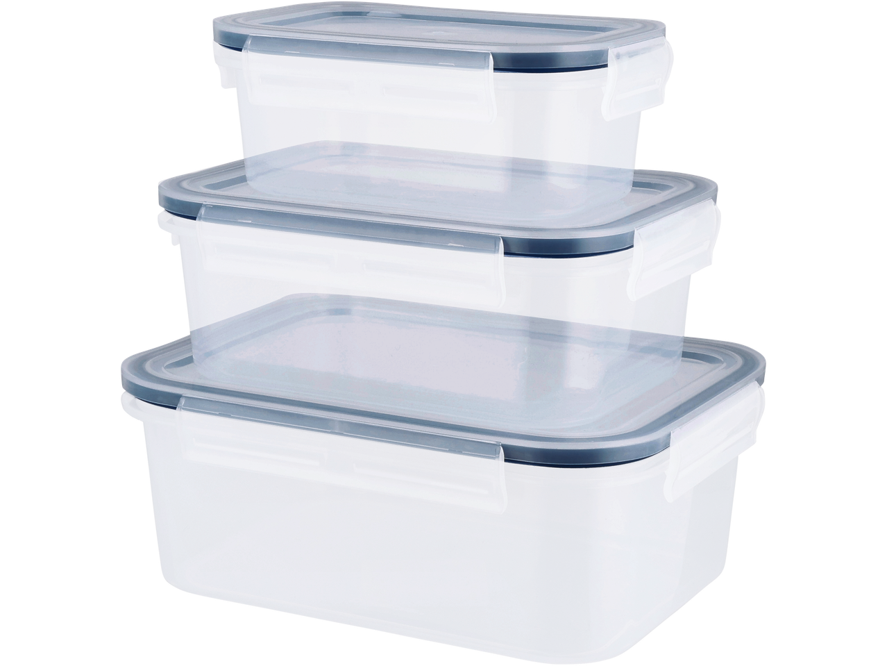 Três recipientes plásticos empilháveis para armazenamento de alimentos.
