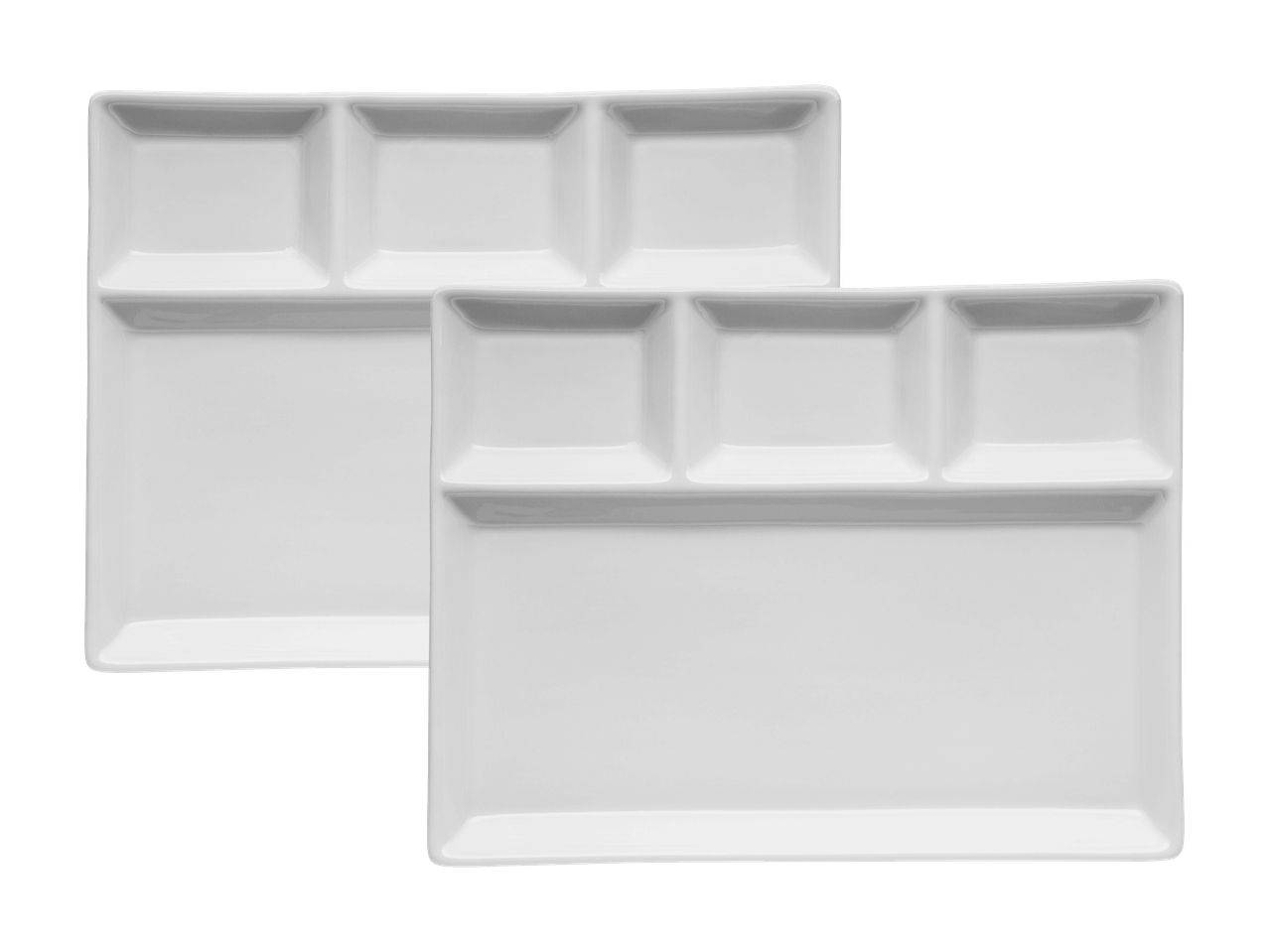Deux plateaux de service rectangulaires blancs avec compartiments, empilés en diagonale.