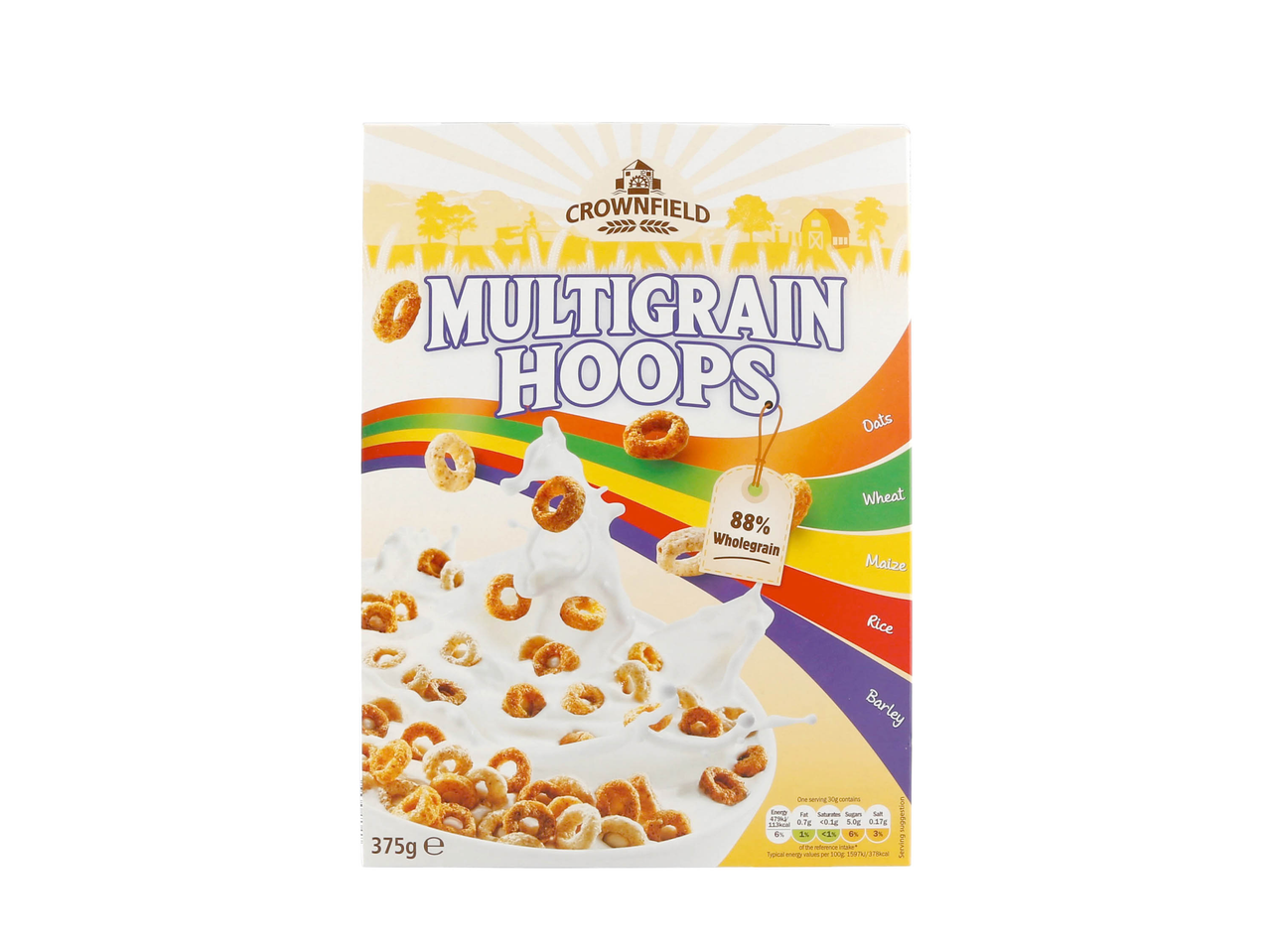 Crownfield Multigrain Hoops: wholegrain ring-shaped cereal.