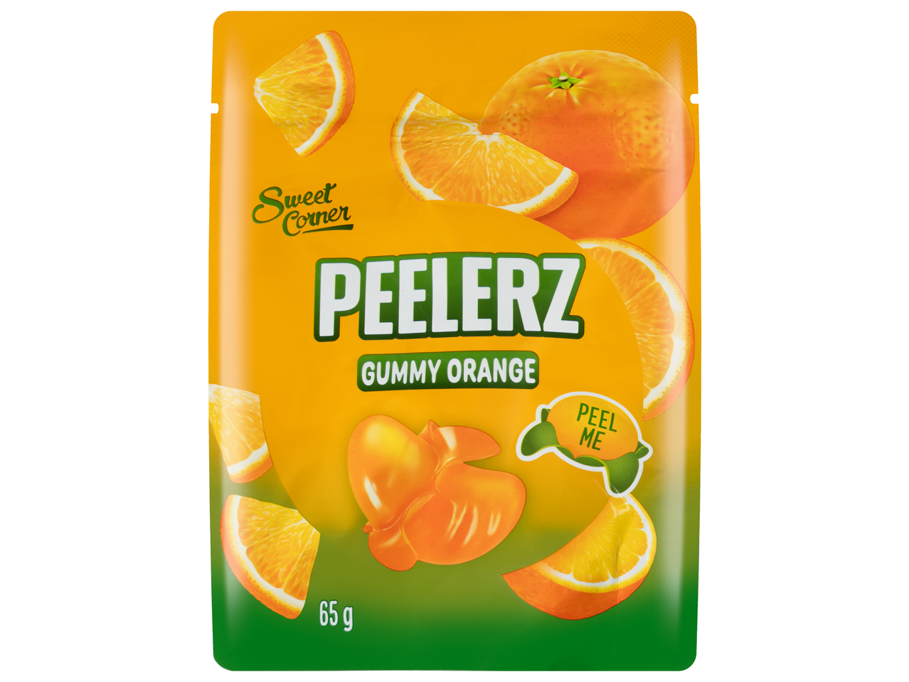 Sweet Corner Peelerz Gummy Orange gumicukor narancsszeletekkel és egész narancsokkal.