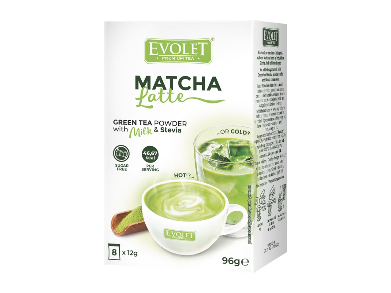 Pliculețe Evolet Matcha Latte, ceai verde cu lapte și stevie, fără zahăr adăugat.