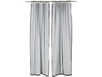 Cortinas Livarno® cinzentas com bordas pretas, penduradas numa barra de metal.