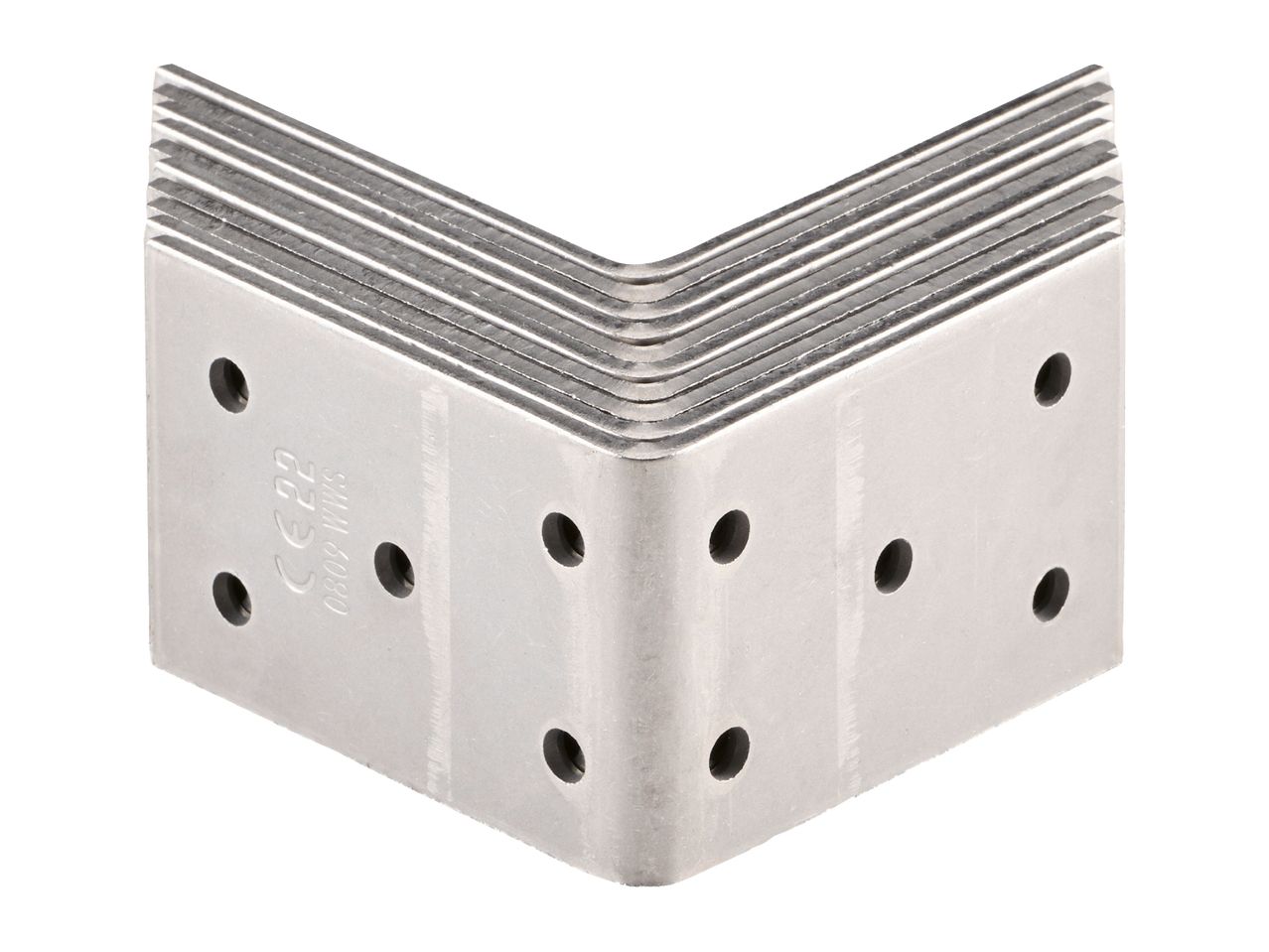 Stack of metal corner brackets with pre-drilled holes