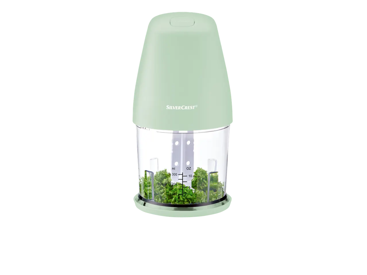 Tocător SilverCrest mini, verde pastel, cu ierburi.