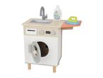 Wooden toy washing machine with sink, detergent, and ironing board with iron.