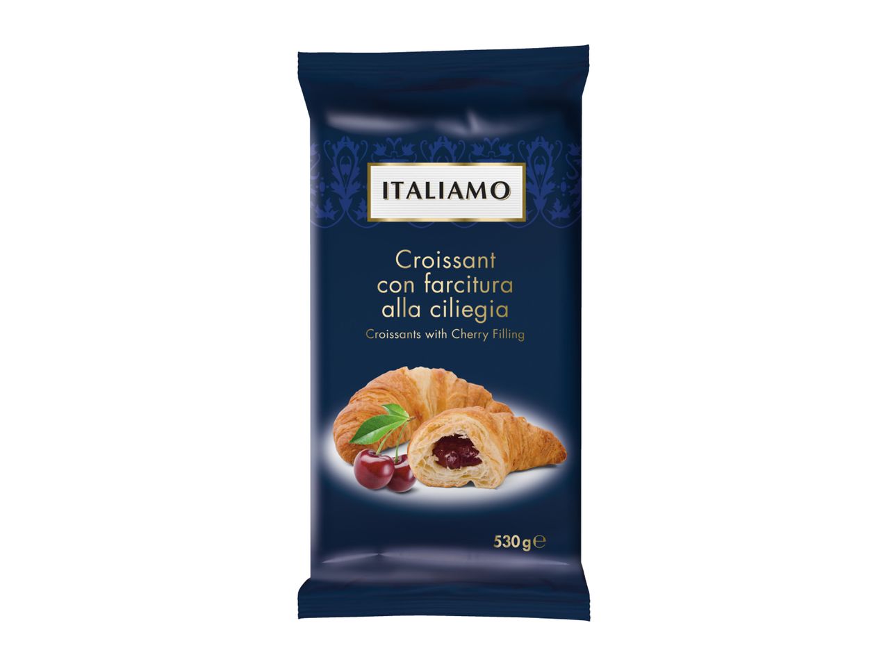 Dark blue packaging for croissants with cherry filling, featuring an image of the product.