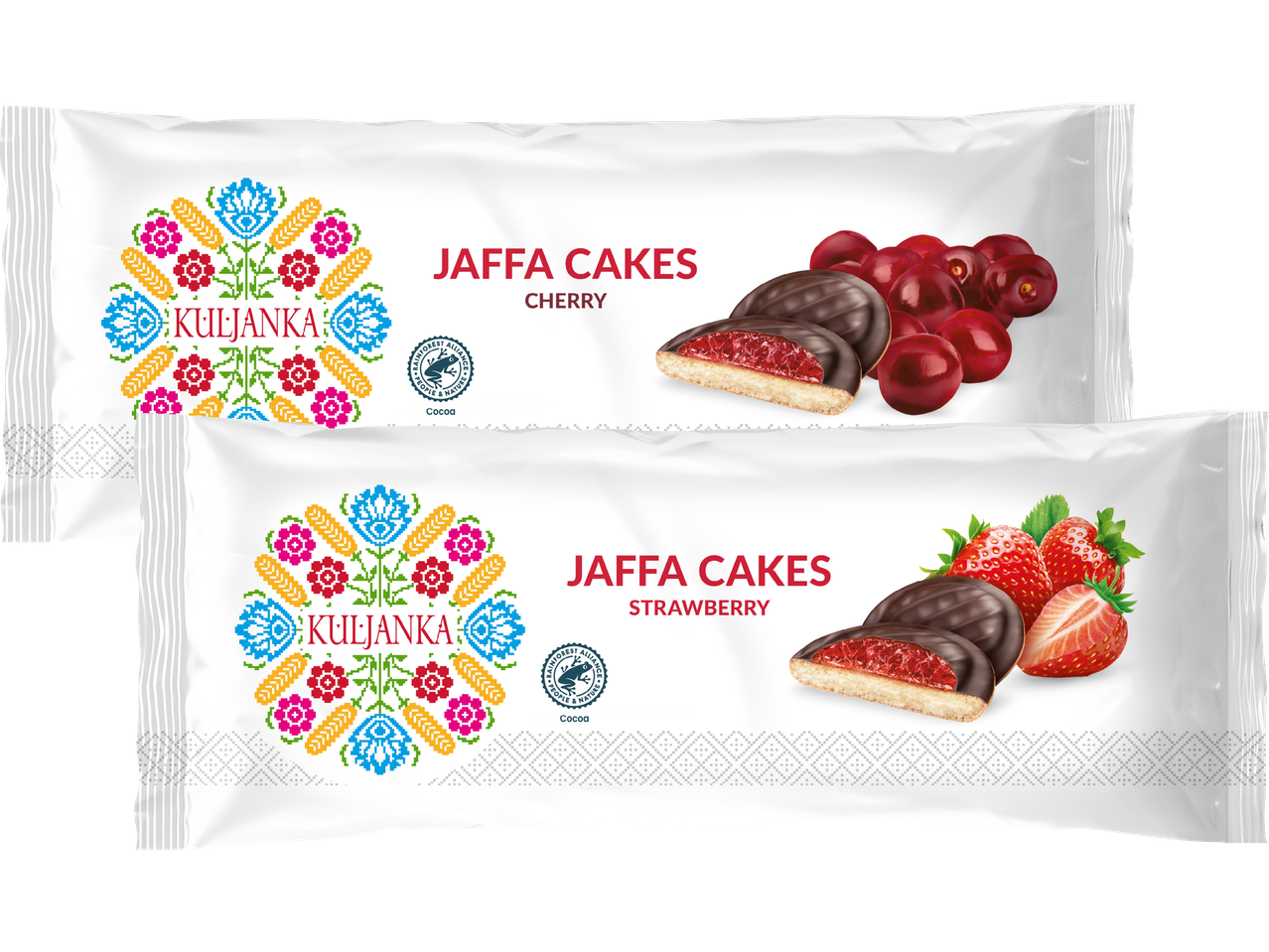 Två förpackningar Jaffa Cakes, en med körsbärssmak och en med jordgubbssmak.