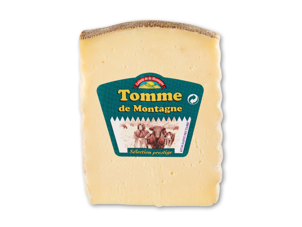 En blok Tomme de Montagne-ost med en etiket, der viser en landmand og kvæg.