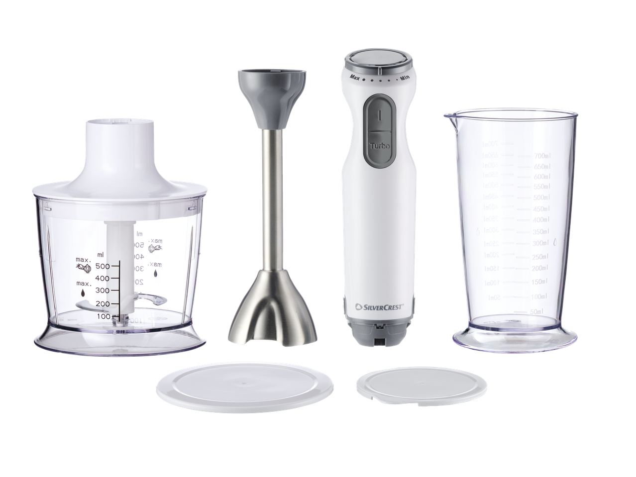 Rankinio trintuvo rinkinys su smulkintuvu, matavimo puodeliu ir plakimo šluotele.