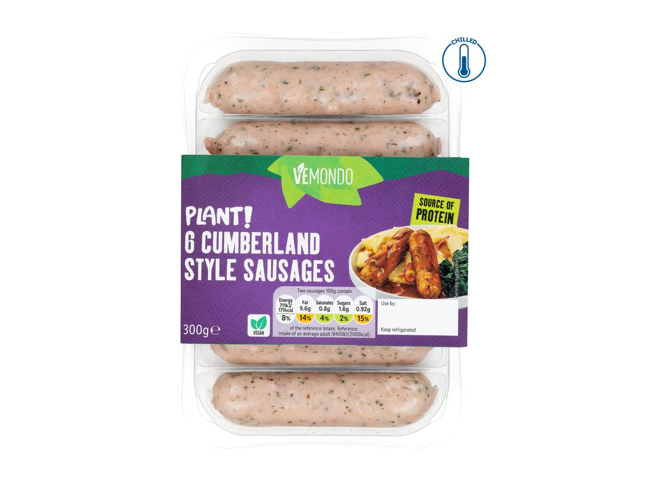 Plant-based Cumberland style sausages in a clear tray with a purple and green label.