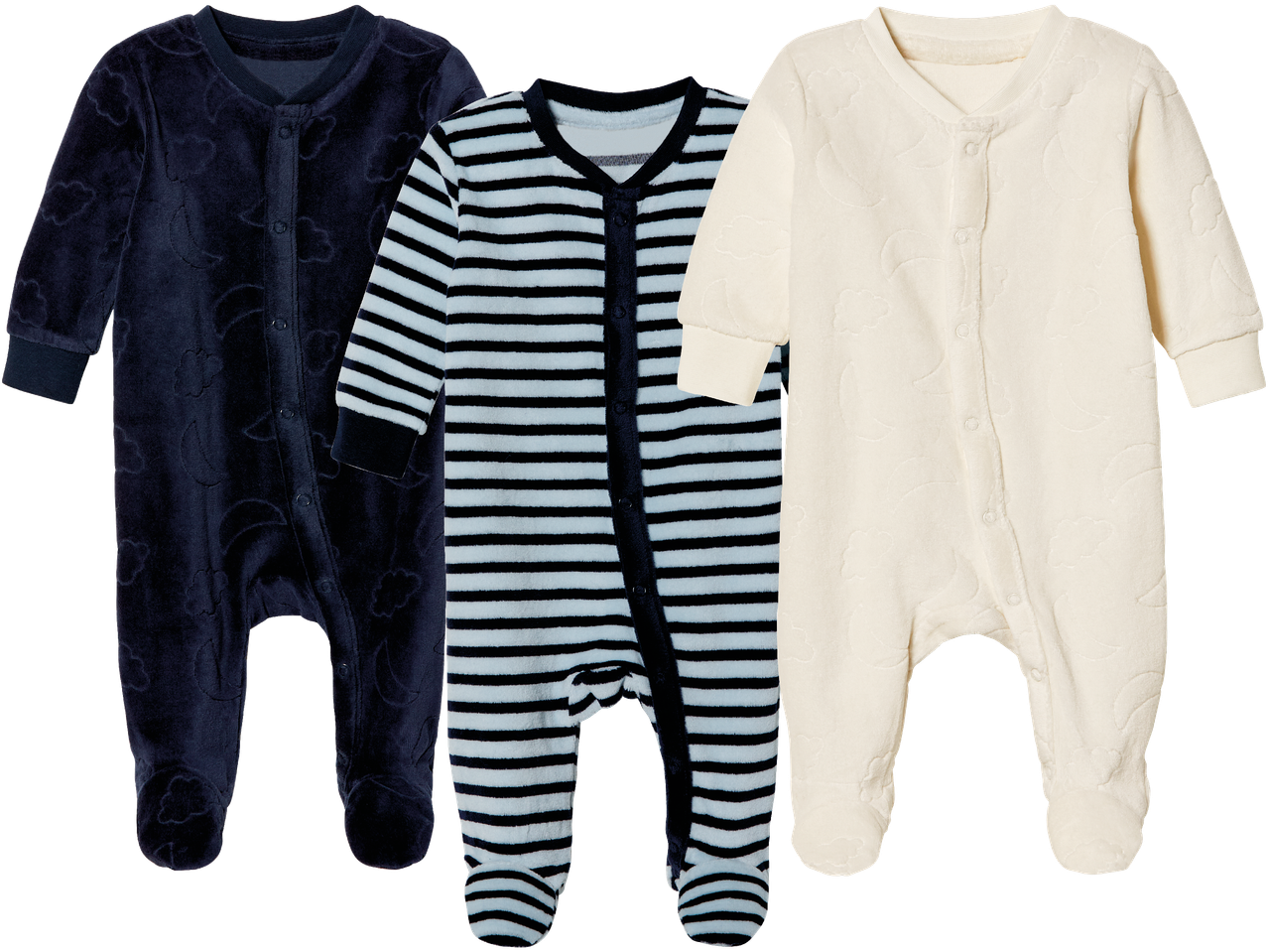 Babykläder: marinblå, randiga och beige.