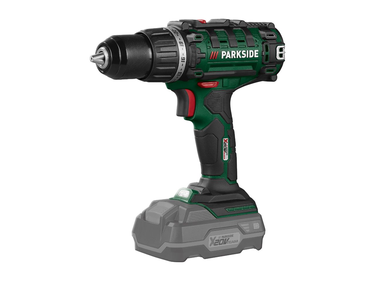 Cordless drill with a dark green body, black accents, and a grey battery pack.