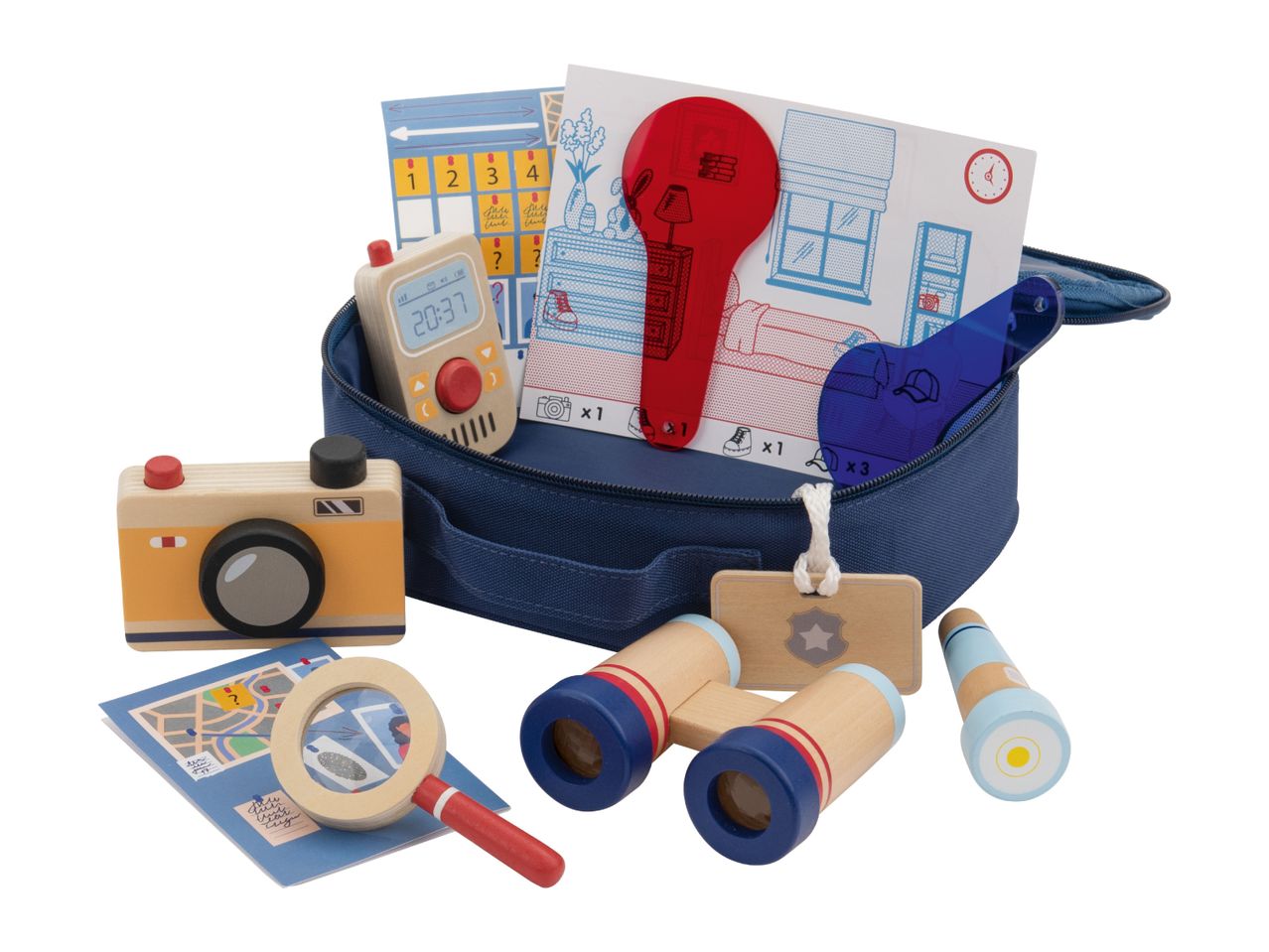 A detective play set with a camera, binoculars, magnifying glass, walkie-talkie, and case.