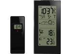 Stație meteo digitală cu ecran LCD care afișează ora, temperatura interioară și exterioară, umiditatea și ziua săptămânii.