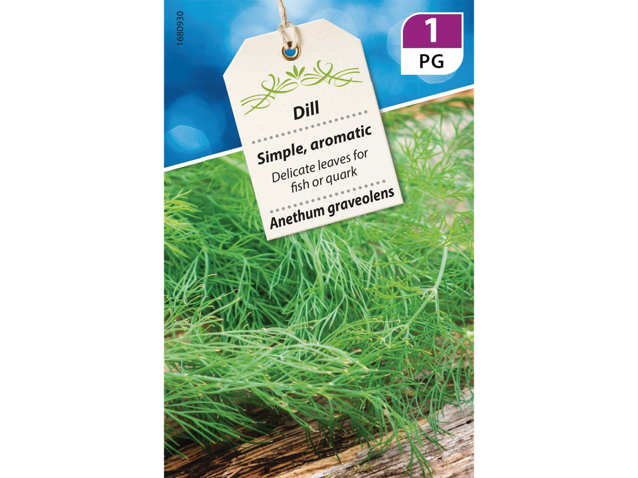 Dill herb seeds with a tag describing it as simple, aromatic, and good for fish or quark.