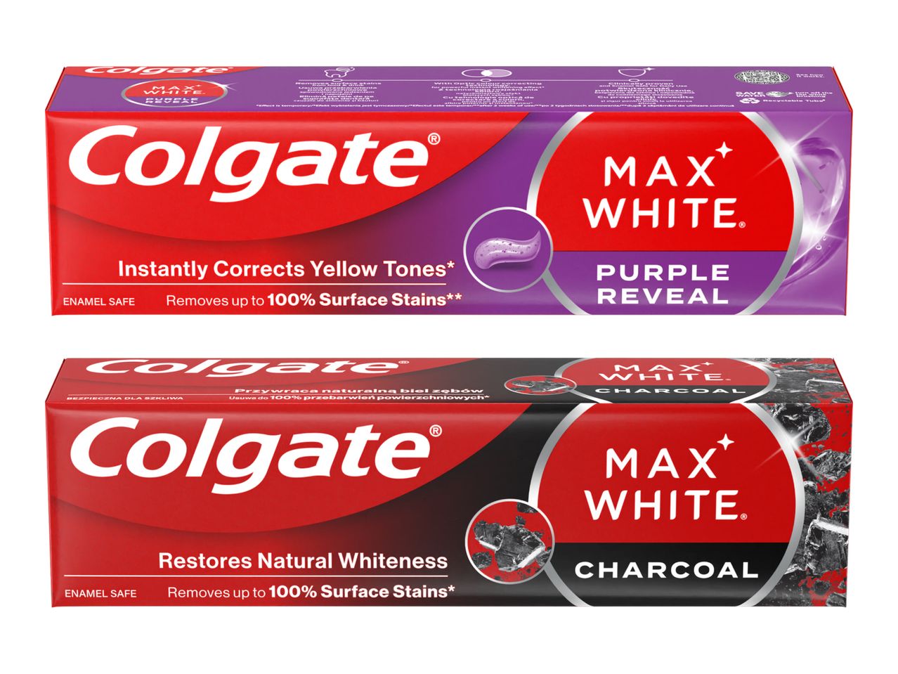 Două cutii de pastă de dinți Colgate Max White, una violet pentru corectarea tonurilor galbene și una neagră cu cărbune pentru albire.