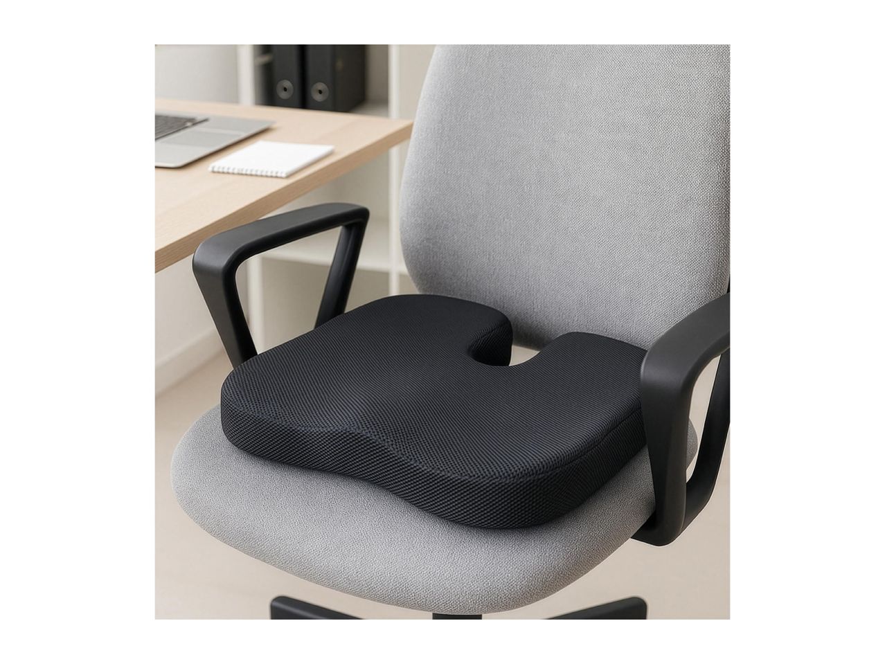 Black ergonomic seat cushion on a grey office chair in a home office setting.