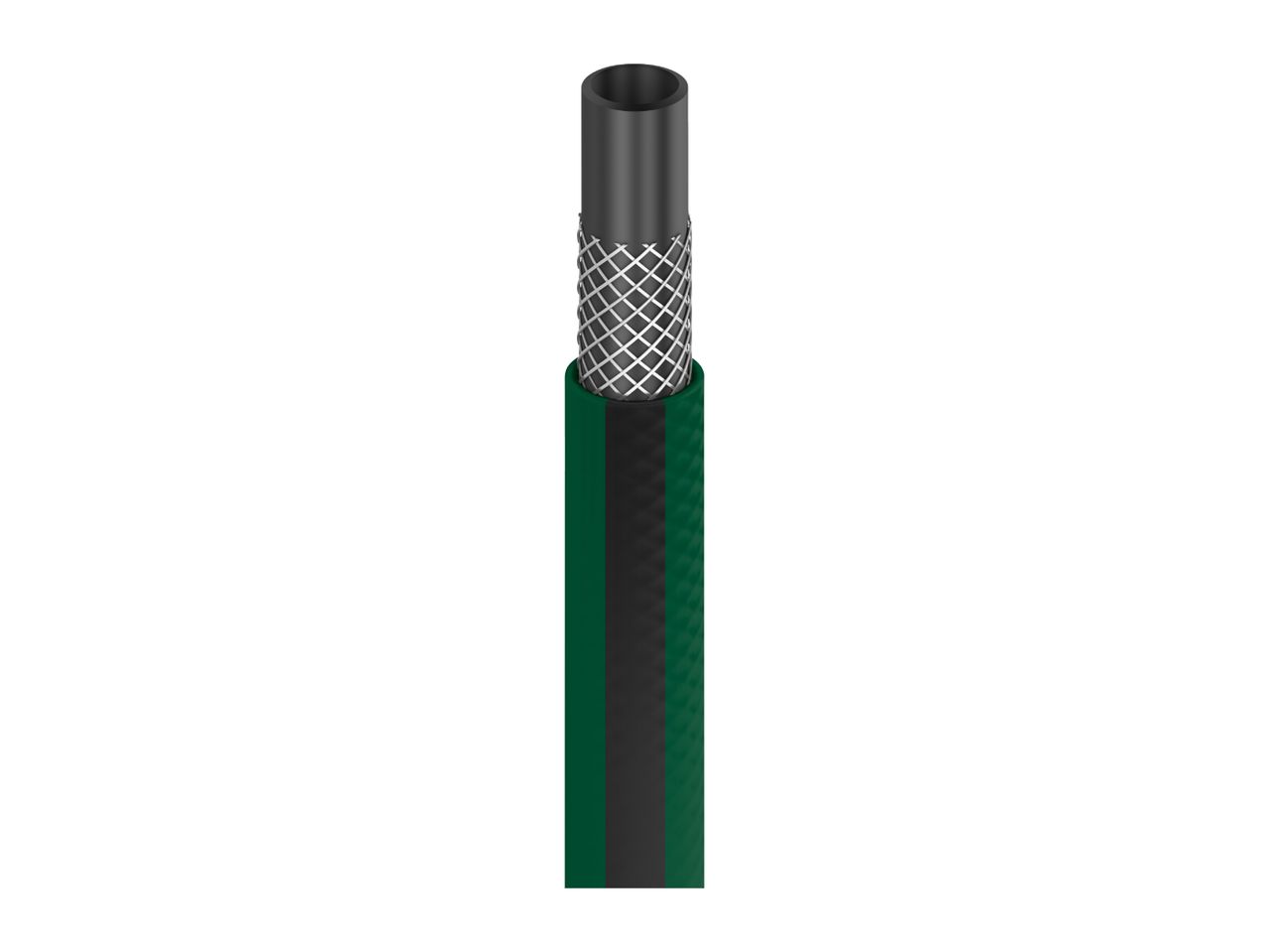 Cross-section of a green and black garden hose, showing inner reinforcement.