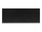 Close-up of a black saw blade with sharp teeth.