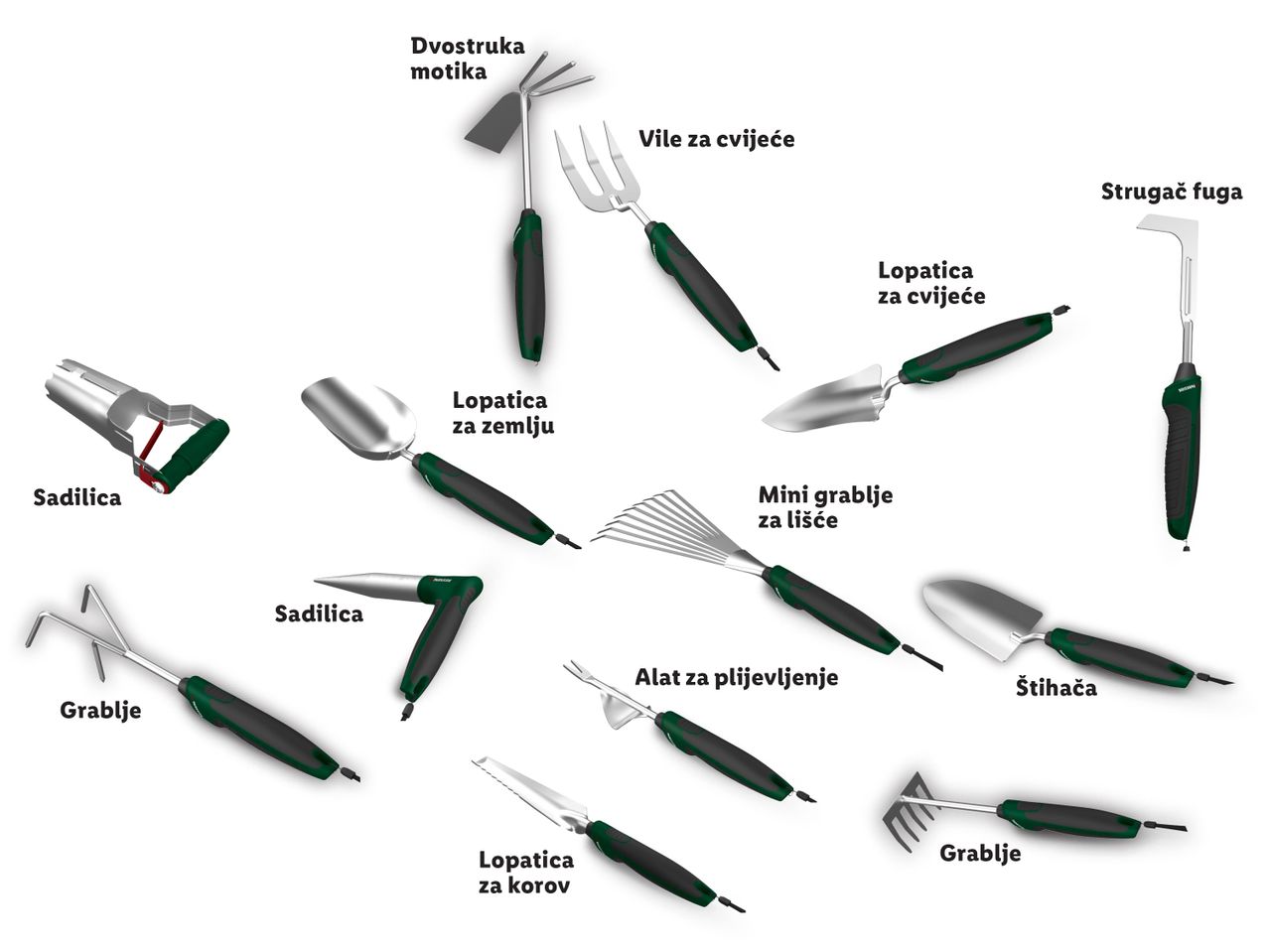 Set vrtnih alata s ergonomskim drškama: lopata, motike, grablje i ostalo.