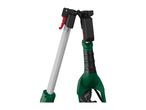 Close-up of a green and black electric garden tool handle with a red trigger.