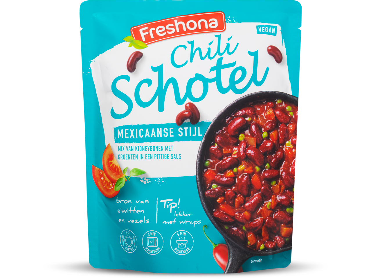 Freshona Chili Schotel Mexicaanse stijl, een vegan mix van kidneybonen en groenten in pittige saus.