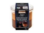 Dark chocolate mousse dessert with chocolate sauce in a clear pot, 90g.