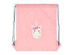 Pink drawstring bag with a unicorn face graphic