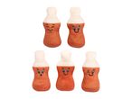 Five plush toys shaped like beer bottles with different embroidered facial expressions.