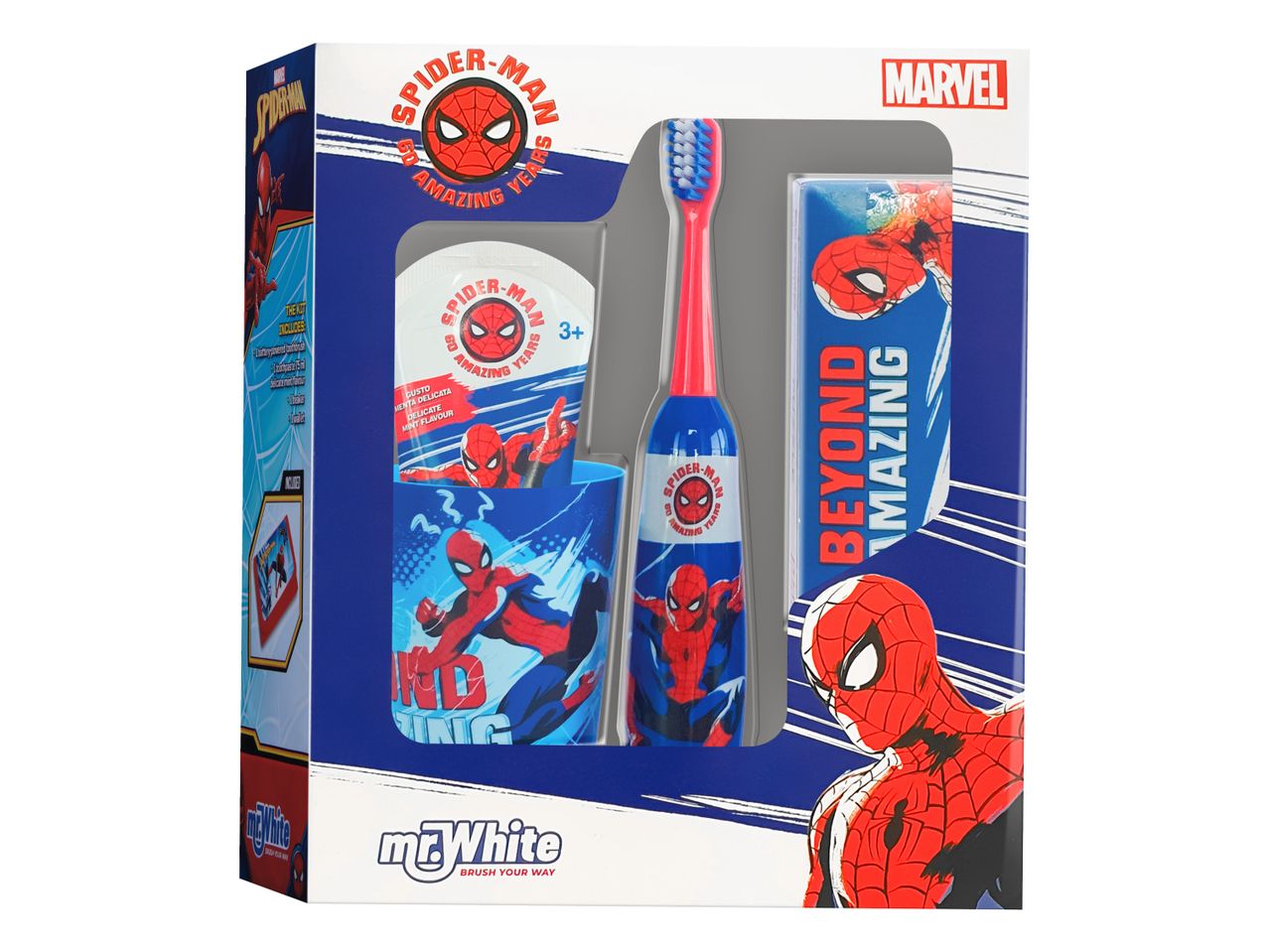 Otroški komplet za čiščenje zob Mr. White s Spider-Man motivom vključuje baterijsko zobno ščetko, zobno pasto in kozarec.