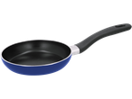 Blue frying pan with a black non-stick coating and a black handle.
