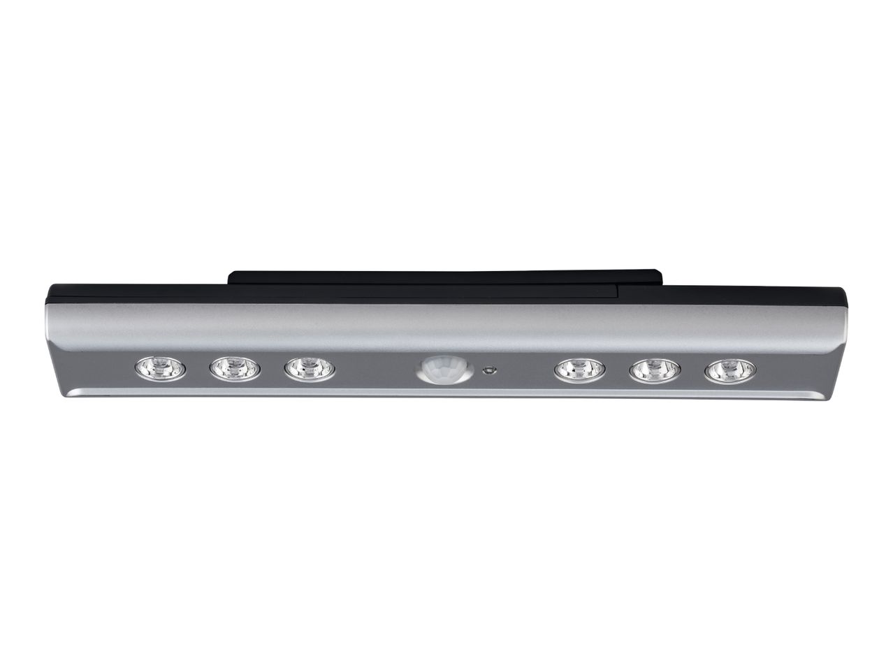 Silver and black LED light bar with six lights and a central motion sensor.