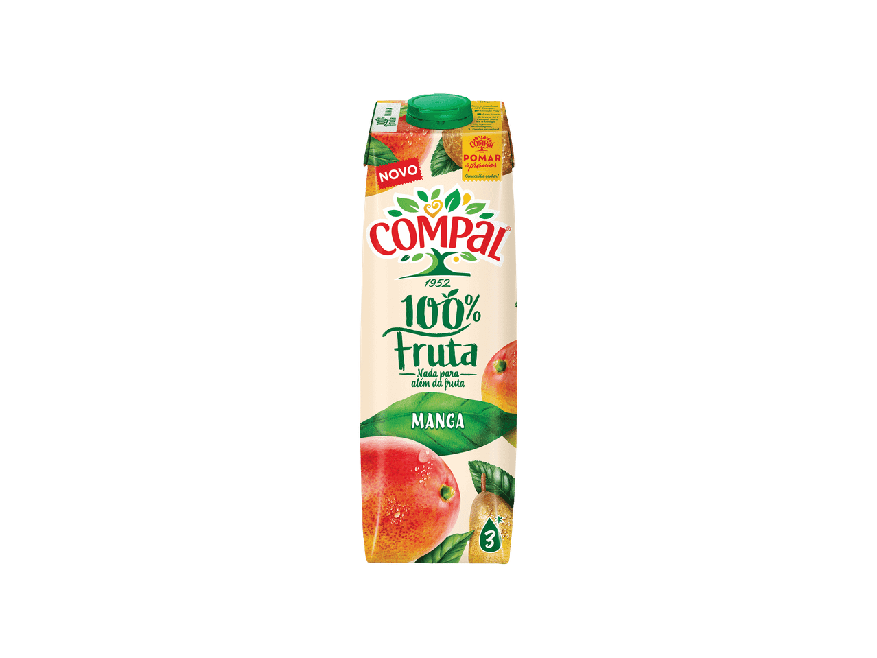 Uma embalagem de sumo de manga 100% fruta, com a indicação 'NOVO' e 'Nada para além da fruta'.
