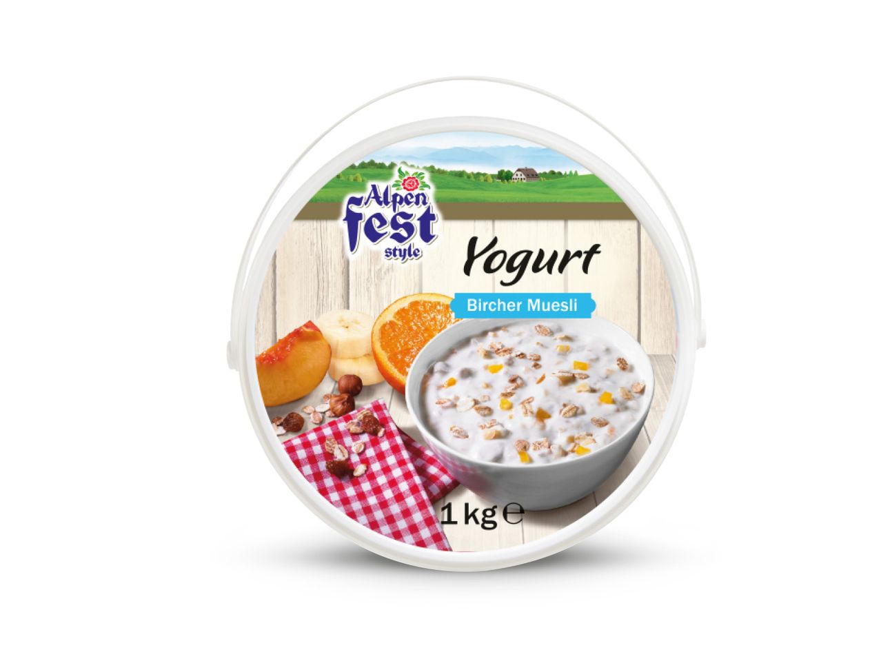 Pakiranje jogurta s mueslijem, voćem i orašastim plodovima, s natpisom 'Alpen Fest style Yogurt Bircher Muesli'.
