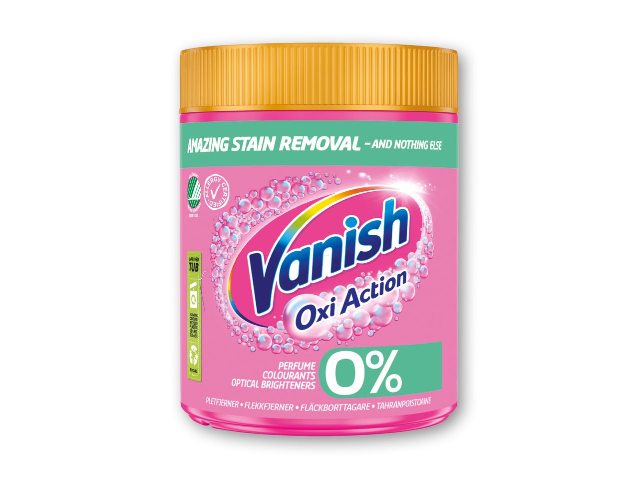 Vaskepulver til pletfjerning med 0% parfume, farvestoffer og optiske blegemidler.