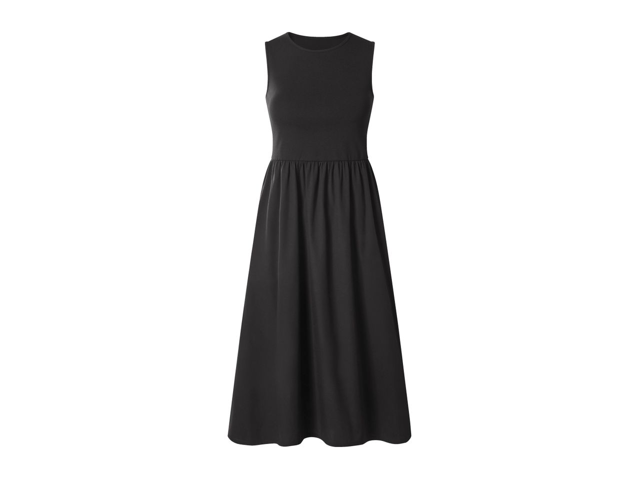 Black sleeveless maxi dress with a round neckline and gathered waist