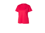 T-shirt de sport rose vif pour femme avec un petit logo noir sur la poitrine.