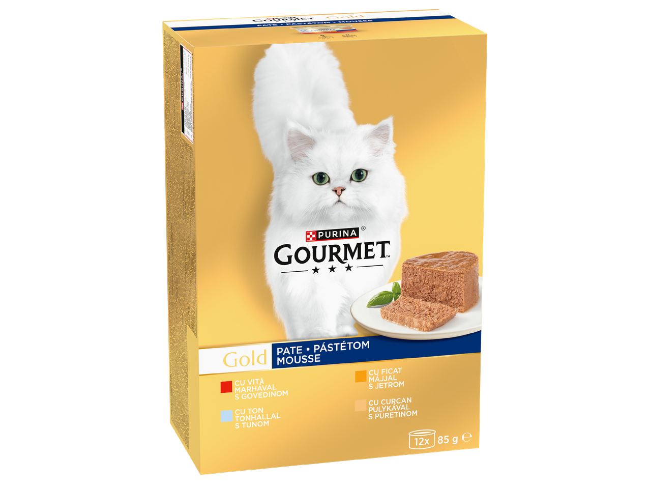 Кутия с пастет и мус за котки, с бяла котка и четири вкуса: телешко, риба тон, черен дроб и пуешко.