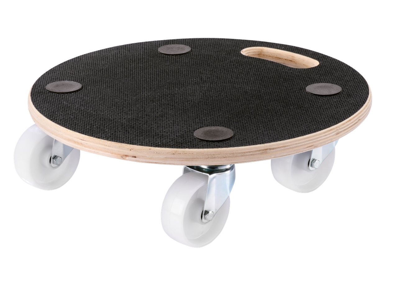 Cărucior rotund din lemn cu suprafață antiderapantă neagră și roți albe