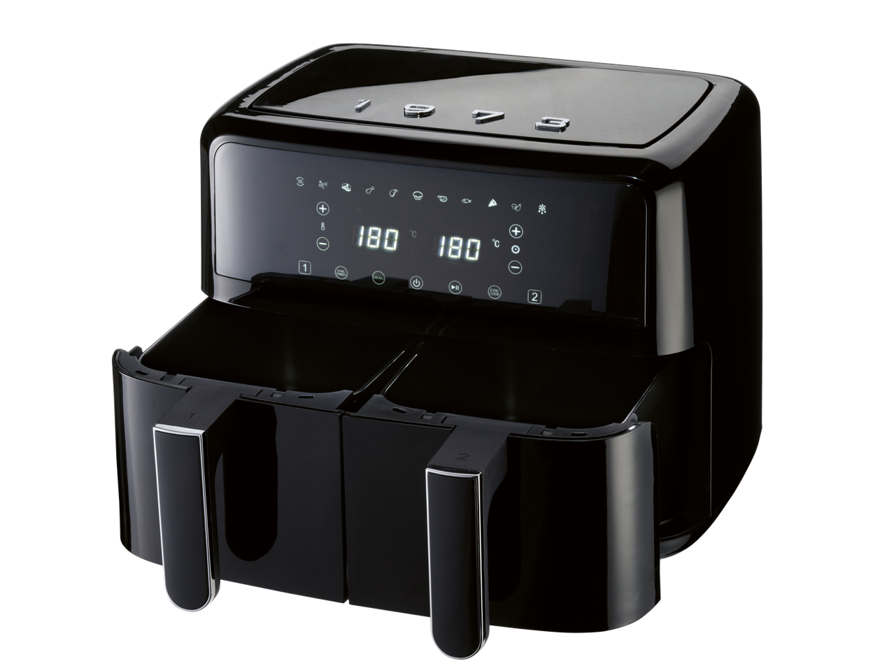 Silvercrest 2600W kuumaõhufritüür kahe korvi ja digitaalse ekraaniga, mis näitab 180°C.