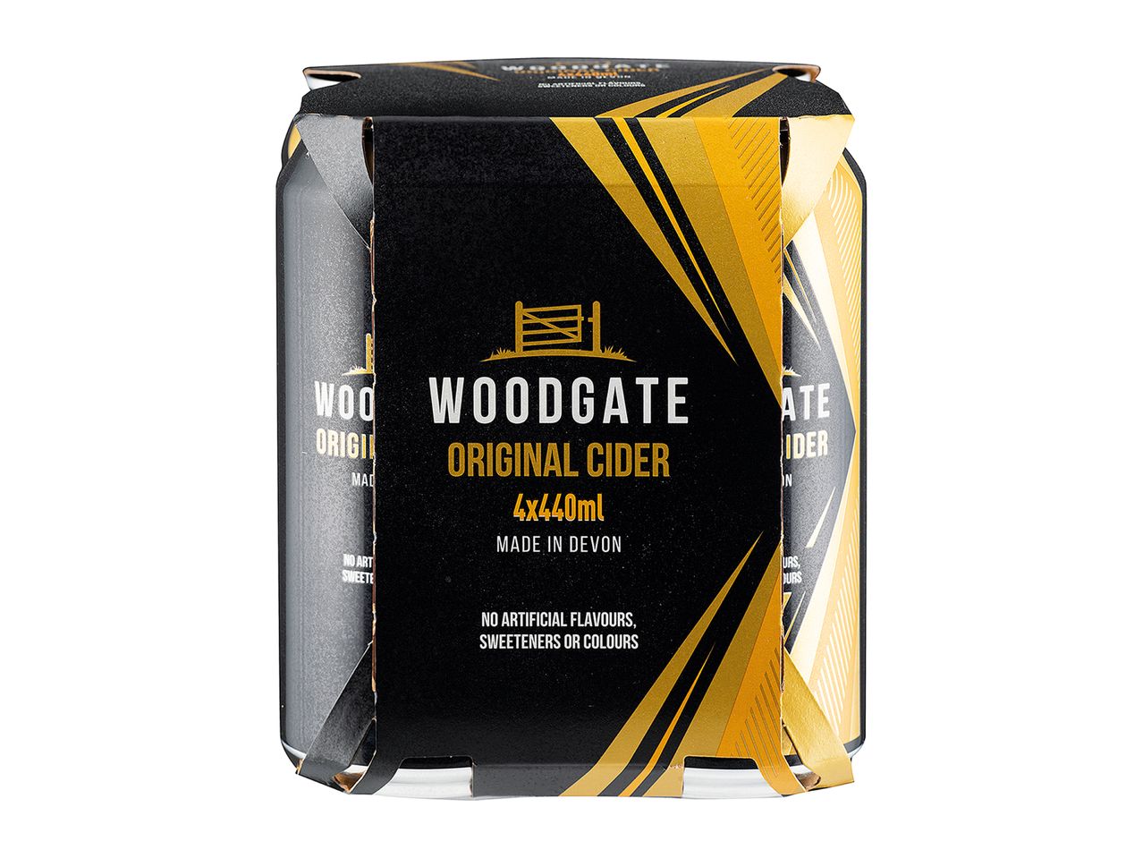 Four cans of Woodgate Original cider.