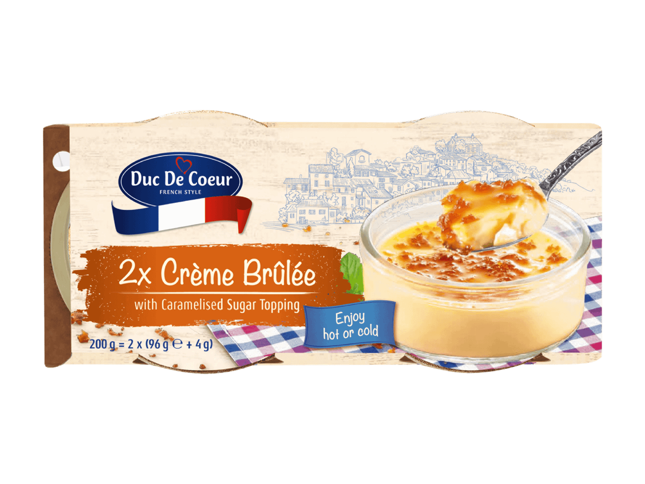 Confezione di 2x Crème Brûlée Duc De Coeur con topping di zucchero caramellato.